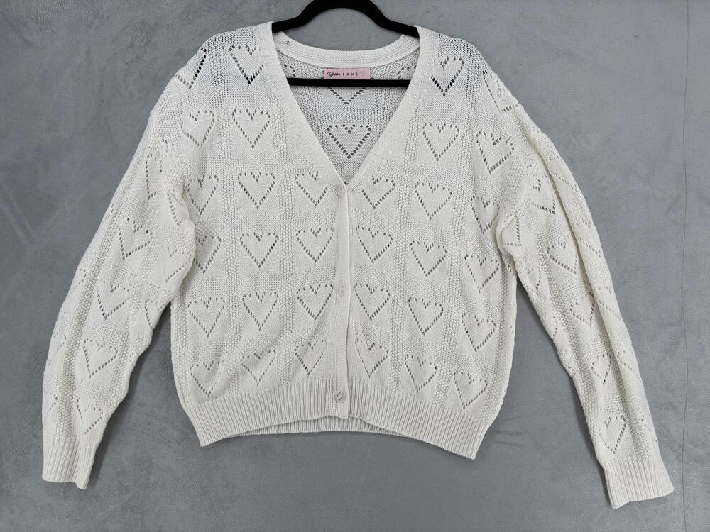 Cardigan Sweater XL White Heart Open Knit Button Front V neck romantic flirty